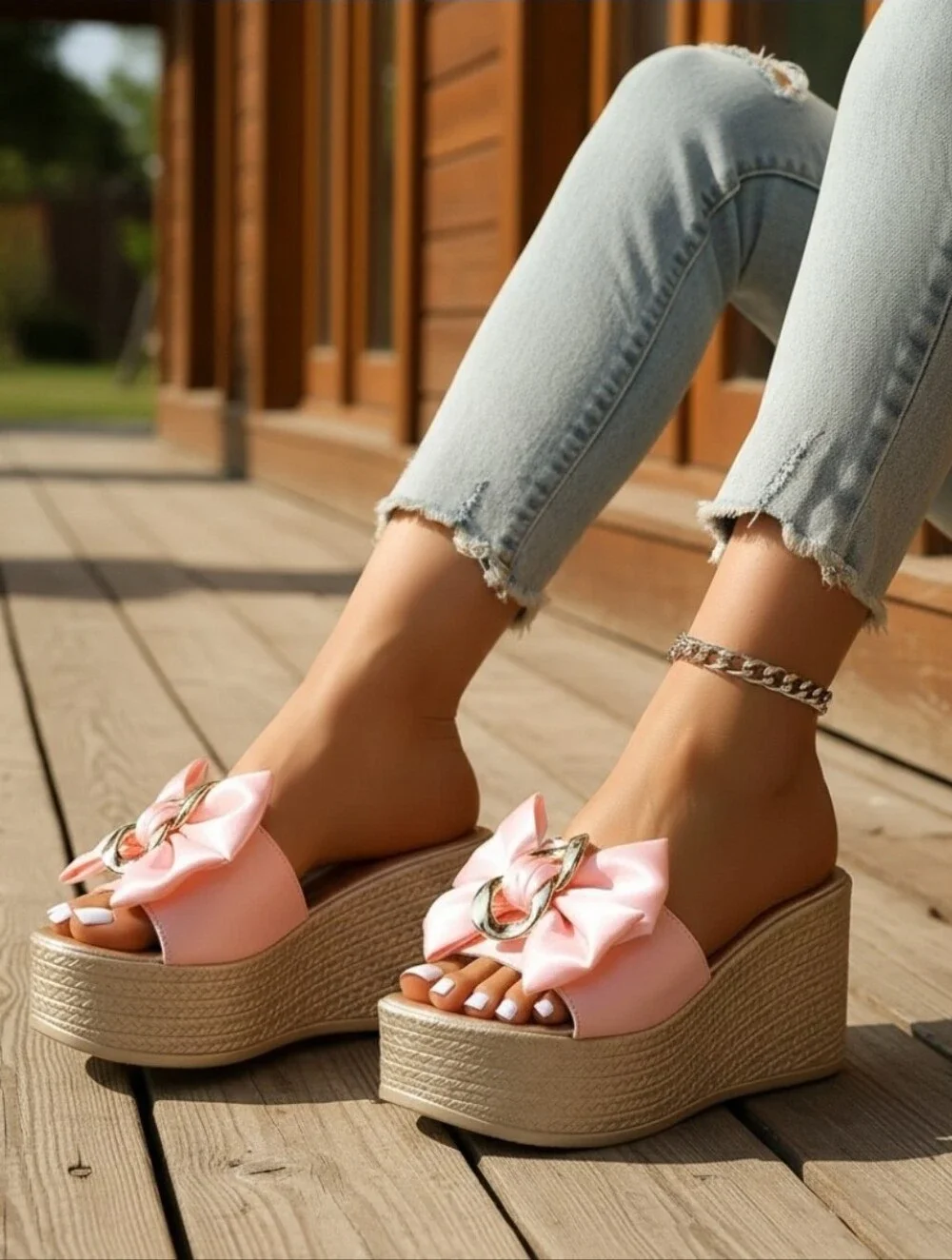 Gold Chain Oversized Bow Platform Open Toe Shoes Slip On Coquette Sandals Pink